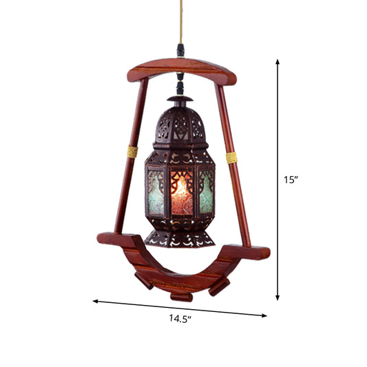 Lantern Bedroom Ceiling Light Rustic Metal 1 Light Copper Suspension Lamp with Wood Frame Clearhalo 'Ceiling Lights' 'Pendant Lights' 'Pendants' Lighting' 399660