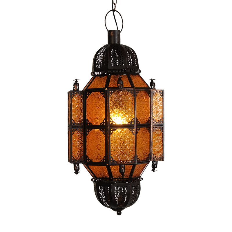 Black Lantern Pendant Vintage Metal 1-Bulb Restaurant Ceiling Light with Yellow Textured Glass Shade Clearhalo 'Ceiling Lights' 'Pendant Lights' 'Pendants' Lighting' 399678