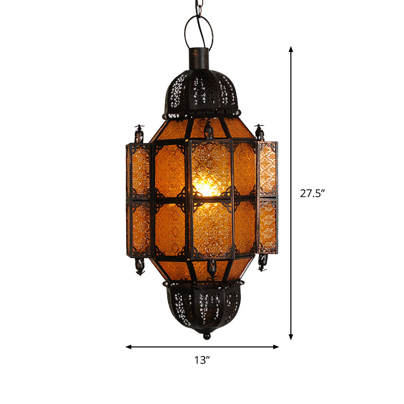 Black Lantern Pendant Vintage Metal 1-Bulb Restaurant Ceiling Light with Yellow Textured Glass Shade Clearhalo 'Ceiling Lights' 'Pendant Lights' 'Pendants' Lighting' 399680