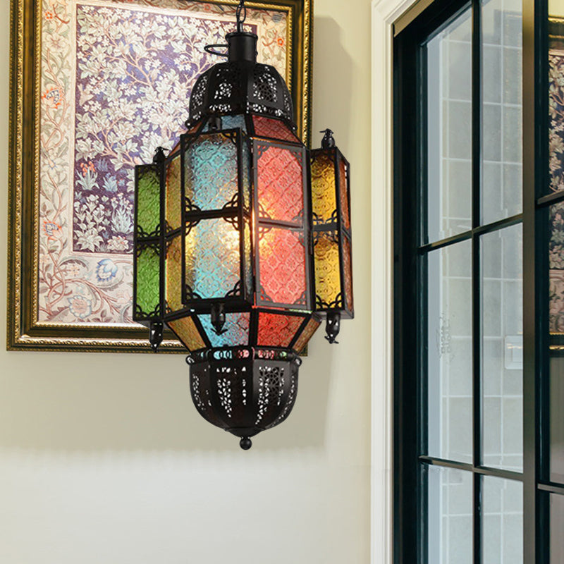 1 Head Hanging Light Antiqued Bar Pendant Lamp with Lantern Textured Glass Shade in Black Black Clearhalo 'Ceiling Lights' 'Pendant Lights' 'Pendants' Lighting' 399681_3ba0ef35-9d7d-44cc-a9c0-cfde82e41edc