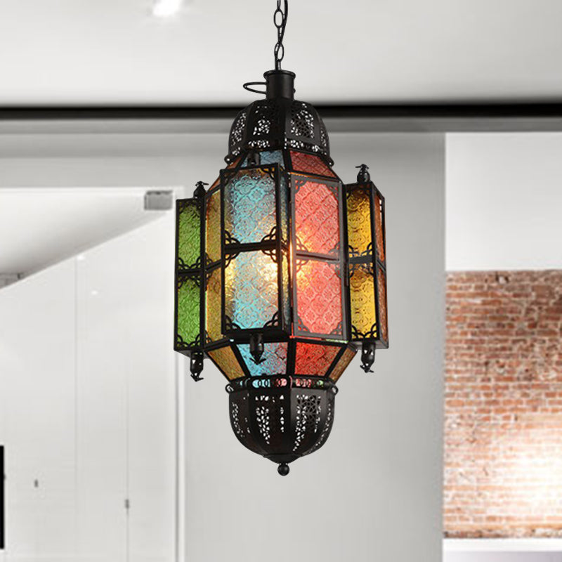 1 Head Hanging Light Antiqued Bar Pendant Lamp with Lantern Textured Glass Shade in Black Clearhalo 'Ceiling Lights' 'Pendant Lights' 'Pendants' Lighting' 399682