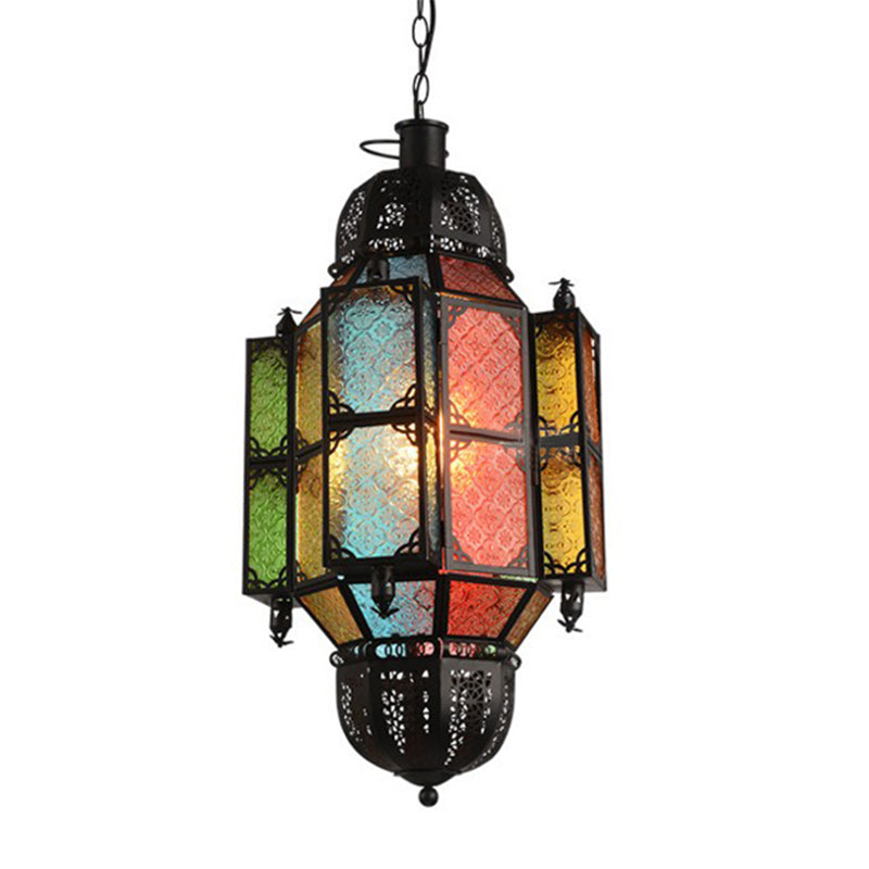 1 Head Hanging Light Antiqued Bar Pendant Lamp with Lantern Textured Glass Shade in Black Clearhalo 'Ceiling Lights' 'Pendant Lights' 'Pendants' Lighting' 399683