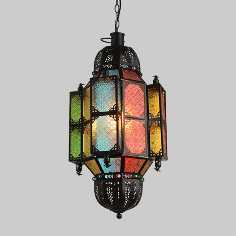 1 Head Hanging Light Antiqued Bar Pendant Lamp with Lantern Textured Glass Shade in Black Clearhalo 'Ceiling Lights' 'Pendant Lights' 'Pendants' Lighting' 399684