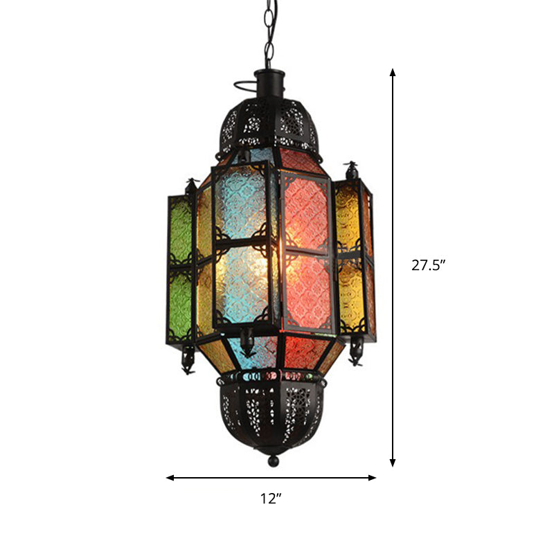 1 Head Hanging Light Antiqued Bar Pendant Lamp with Lantern Textured Glass Shade in Black Clearhalo 'Ceiling Lights' 'Pendant Lights' 'Pendants' Lighting' 399685