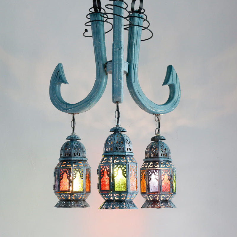 3 Lights Lantern Pendant Chandelier Mediterranean Blue Metal Hanging Lamp with Wooden Hook Rod Blue Clearhalo 'Ceiling Lights' 'Chandeliers' Lighting' options 399696_37d0d360-69e2-40a4-8daa-c2ca3eae6122