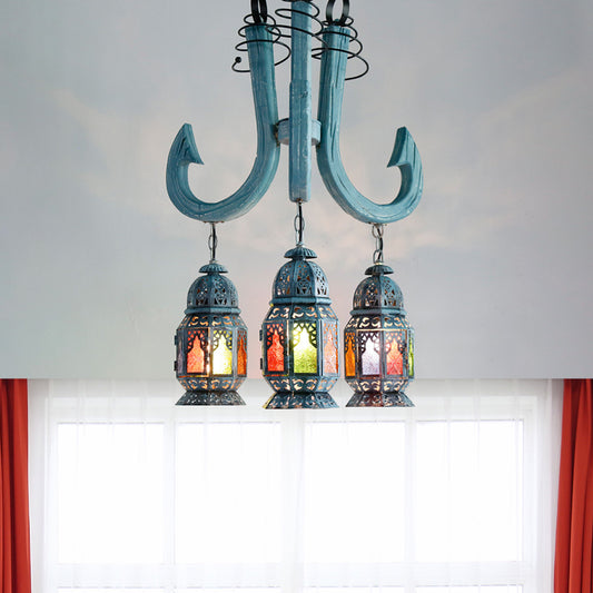 3 Lights Lantern Pendant Chandelier Mediterranean Blue Metal Hanging Lamp with Wooden Hook Rod Clearhalo 'Ceiling Lights' 'Chandeliers' Lighting' options 399698