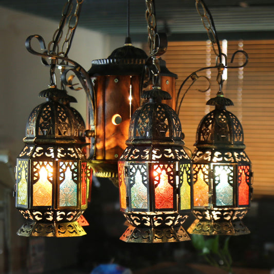 6 Heads Metal Hanging Lighting Arab Style Bronze Lantern Restaurant Ceiling Chandelier Clearhalo 'Ceiling Lights' 'Chandeliers' Lighting' options 399702