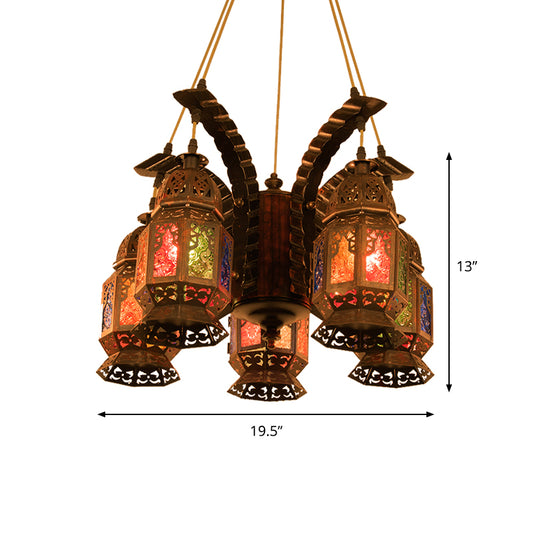 Lantern Metallic Chandelier Pendant Lamp Vintage 5 Bulbs Restaurant Hanging Light Fixture in Copper Clearhalo 'Ceiling Lights' 'Chandeliers' Lighting' options 399710