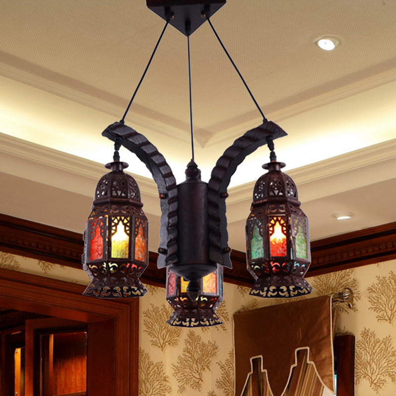 Iron lantern with three outlet candelabra light