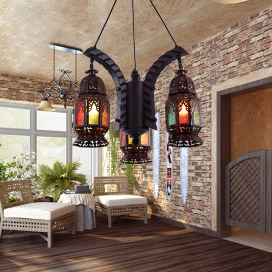 Black 3-Light Hanging Chandelier Arab Metal Lantern Suspension Lamp for Living Room Clearhalo 'Ceiling Lights' 'Chandeliers' Lighting' options 399712