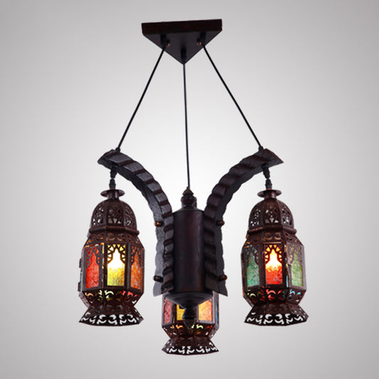 Black 3-Light Hanging Chandelier Arab Metal Lantern Suspension Lamp for Living Room Clearhalo 'Ceiling Lights' 'Chandeliers' Lighting' options 399714