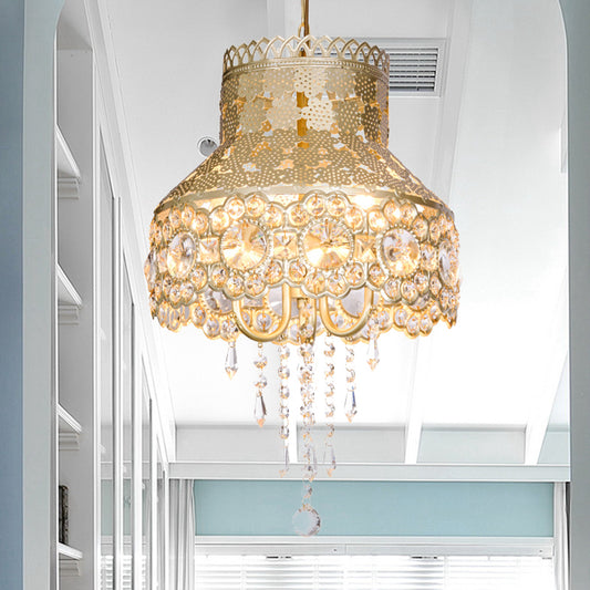 3 Lights Ceiling Chandelier Vintage Urn Shape Metal Pendant Lamp in Brass with Crystal Decoration Clearhalo 'Ceiling Lights' 'Chandeliers' Lighting' options 399726