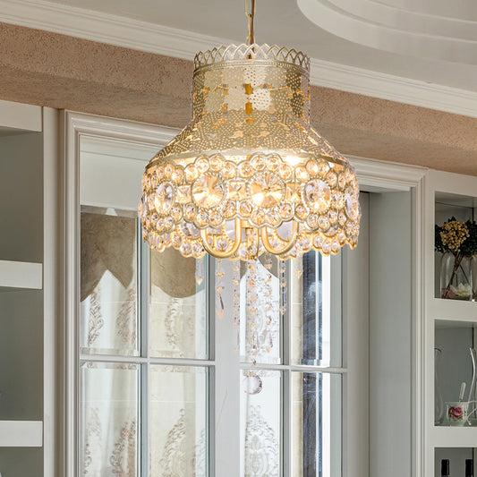 3 Lights Ceiling Chandelier Vintage Urn Shape Metal Pendant Lamp in Brass with Crystal Decoration Clearhalo 'Ceiling Lights' 'Chandeliers' Lighting' options 399728