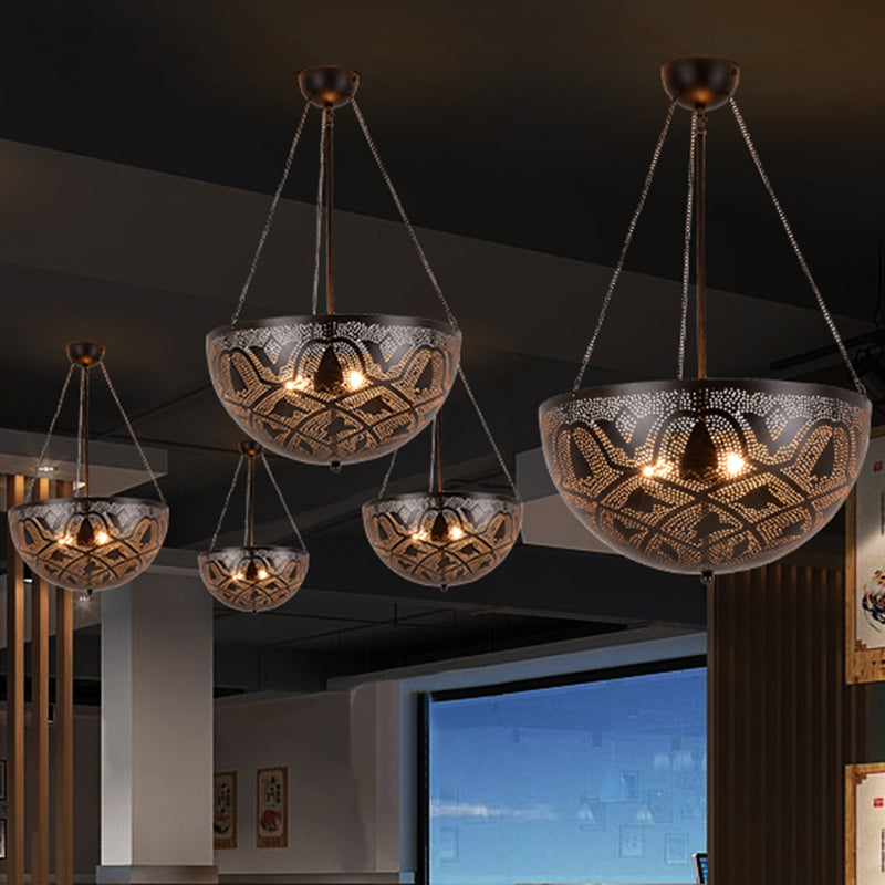 Bowl Restaurant Chandelier Vintage Metal 3-Light Black Hanging Ceiling Lamp with Hollow-Out Spot/Circle/Flower Pattern Black Circle Clearhalo 'Ceiling Lights' 'Chandeliers' Lighting' options 399768_0a0542ff-039e-4bde-9235-84faf76effc0