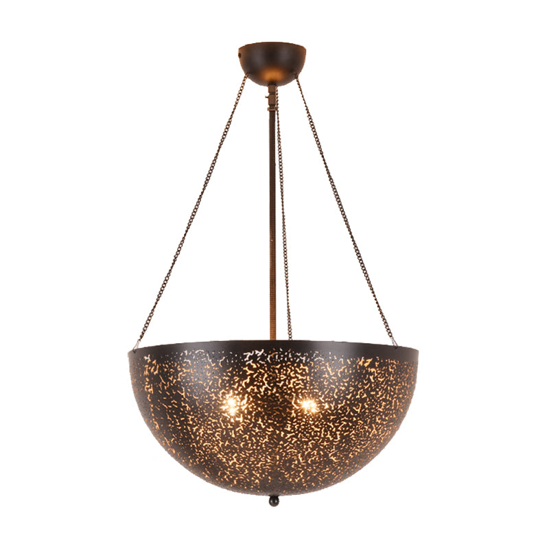 Bowl Restaurant Chandelier Vintage Metal 3-Light Black Hanging Ceiling Lamp with Hollow-Out Spot/Circle/Flower Pattern Black Spot Clearhalo 'Ceiling Lights' 'Chandeliers' Lighting' options 399773_0c090060-e41f-4e7c-a883-b8895f3e4c3f