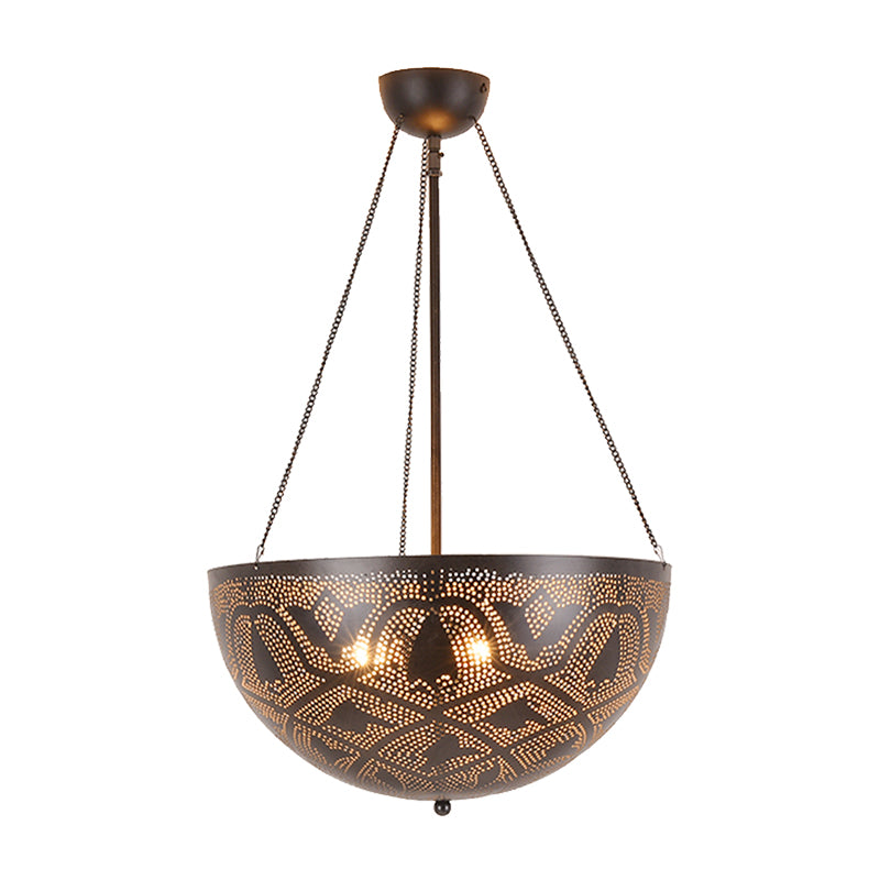 Bowl Restaurant Chandelier Vintage Metal 3-Light Black Hanging Ceiling Lamp with Hollow-Out Spot/Circle/Flower Pattern Black Flower Clearhalo 'Ceiling Lights' 'Chandeliers' Lighting' options 399775_1f382b4a-3334-4f7c-8c63-28879a2169f0