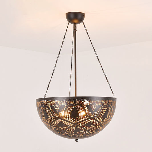 Bowl Restaurant Chandelier Vintage Metal 3-Light Black Hanging Ceiling Lamp with Hollow-Out Spot/Circle/Flower Pattern Clearhalo 'Ceiling Lights' 'Chandeliers' Lighting' options 399776