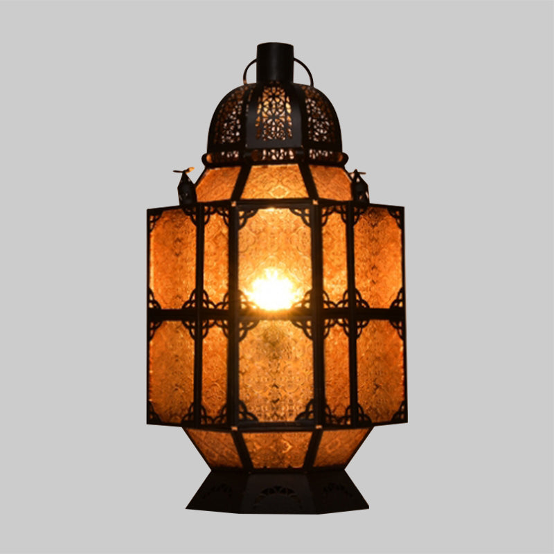 Rust 1-Bulb Task Lighting Art Deco Amber Textured Glass Lantern Nightstand Lamp for Bar Clearhalo 'Lamps' 'Table Lamps' Lighting' 399813