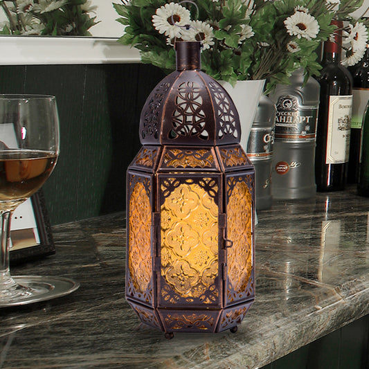 Lantern Metal Table Lamp Vintage 1-Light Coffee Shop Desk Lighting in Rust with Yellow Textured Glass Shade Rust Clearhalo 'Lamps' 'Table Lamps' Lighting' 399825