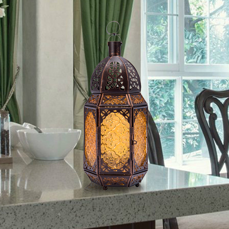 Lantern Metal Table Lamp Vintage 1-Light Coffee Shop Desk Lighting in Rust with Yellow Textured Glass Shade Clearhalo 'Lamps' 'Table Lamps' Lighting' 399826