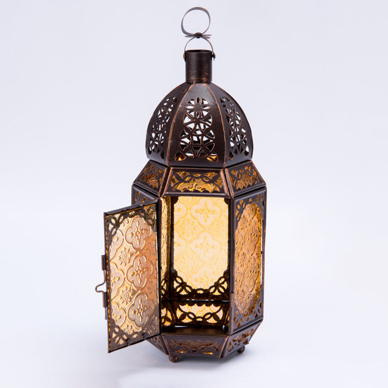 Lantern Metal Table Lamp Vintage 1-Light Coffee Shop Desk Lighting in Rust with Yellow Textured Glass Shade Clearhalo 'Lamps' 'Table Lamps' Lighting' 399828