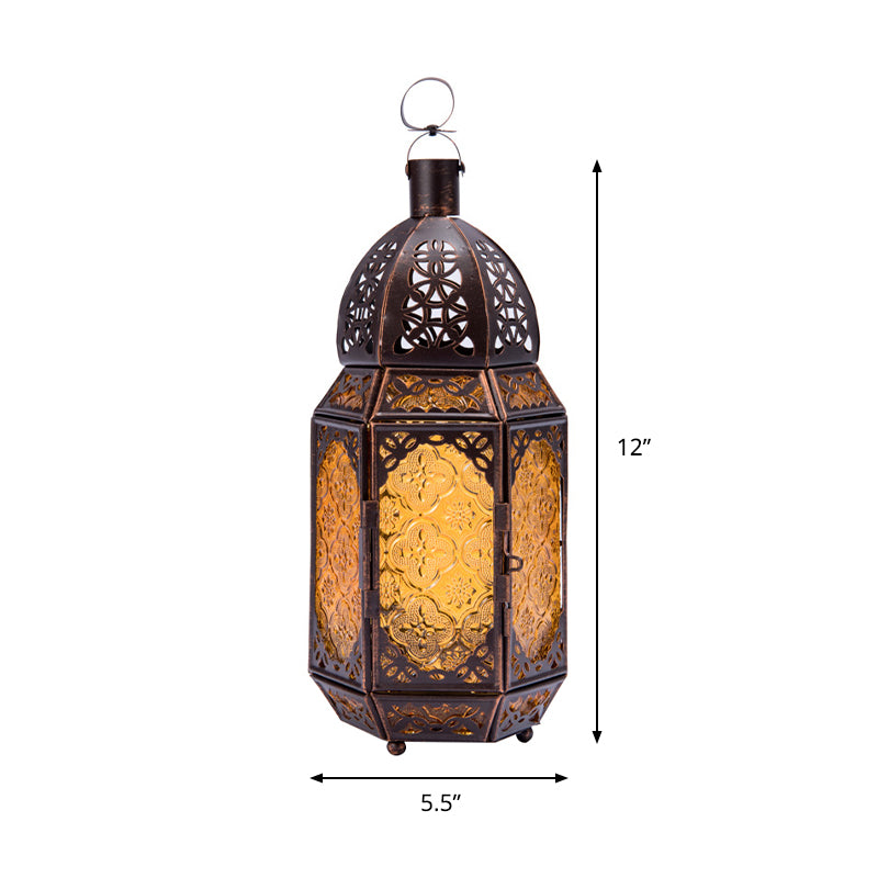 Lantern Metal Table Lamp Vintage 1-Light Coffee Shop Desk Lighting in Rust with Yellow Textured Glass Shade Clearhalo 'Lamps' 'Table Lamps' Lighting' 399829