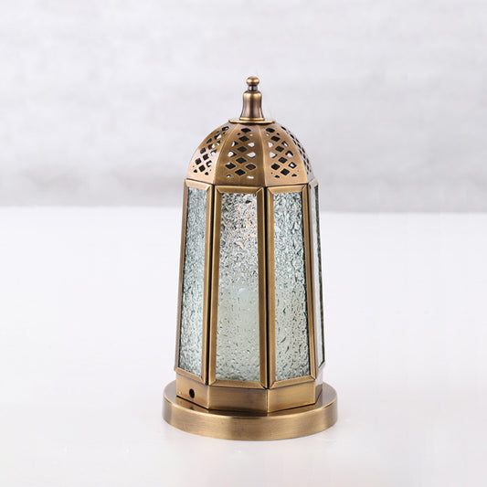 Antiqued Tower Desk Lighting 1 Head Clear Pebbled Glass Night Table Lamp in Brass Brass Clearhalo 'Lamps' 'Table Lamps' Lighting' 399830