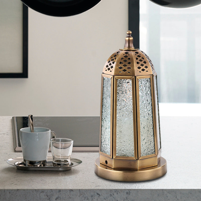 Antiqued Tower Desk Lighting 1 Head Clear Pebbled Glass Night Table Lamp in Brass Clearhalo 'Lamps' 'Table Lamps' Lighting' 399831