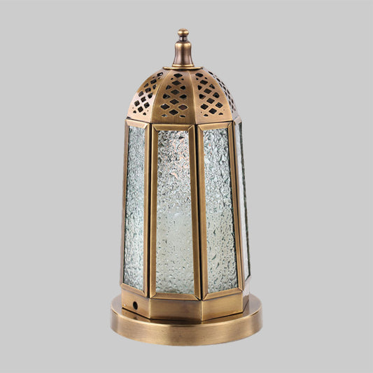 Antiqued Tower Desk Lighting 1 Head Clear Pebbled Glass Night Table Lamp in Brass Clearhalo 'Lamps' 'Table Lamps' Lighting' 399833