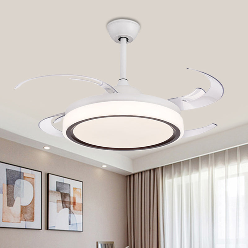 LED Drum Semi Flush Lighting Modernism White Acrylic 4 PC Blades Ceiling Fan Lamp, 48" Wide White Clearhalo 'Ceiling Fans with Lights' 'Ceiling Fans' 'Modern Ceiling Fans' 'Modern' Lighting' 399835