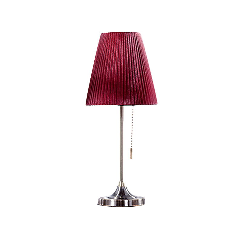 Red Tapered Nightstand Lamp Modernist 1 Bulb Fabric Task Lighting with Pull Chain Clearhalo 'Lamps' 'Table Lamps' Lighting' 399948