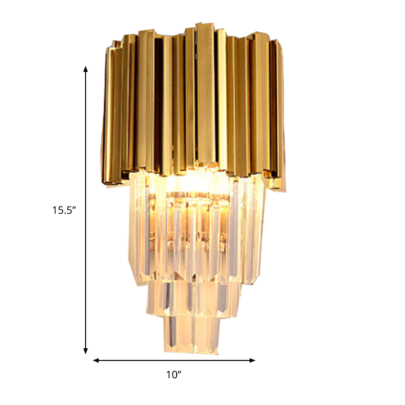 Contemporary Multi Layer Wall Lamp Metal and Crystal Prisms 2/3 Bulbs Wall Mounted Light in Brass Clearhalo 'Modern wall lights' 'Modern' 'Wall Lamps & Sconces' 'Wall Lights' Lighting' 3_b6462312-926e-4062-9bdd-0737c40614c1