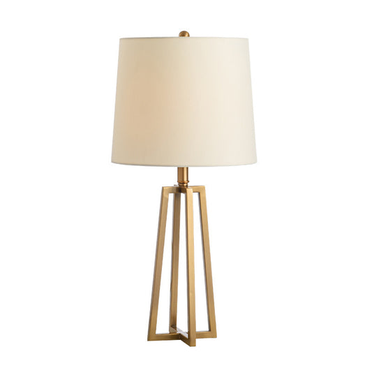 Drum Fabric Table Light Modern 1 Head White Desk Lamp with Trapezoid Gold Metal Base Clearhalo 'Lamps' 'Table Lamps' Lighting' 400025