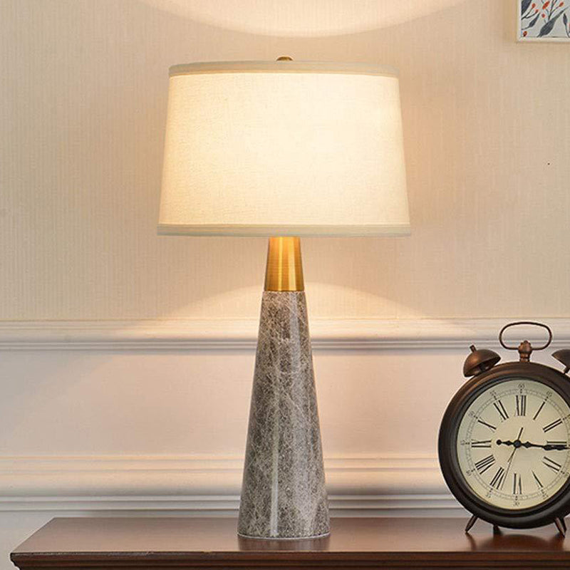 Shaded Nightstand Lamp Modern Fabric 1 Head White Task Lighting with Cone Grey Marble Base Clearhalo 'Lamps' 'Table Lamps' Lighting' 400048