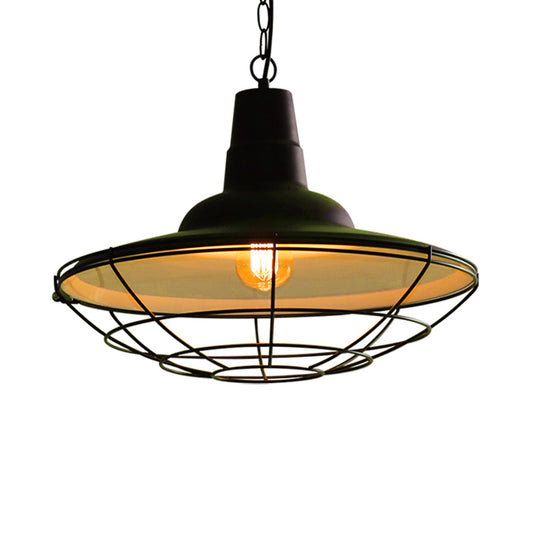 Flat Metal Ceiling Pendant Light with Wire Frame Vintage Stylish 1 Light Restaurant Hanging Lamp in Black Clearhalo 'Art Deco Pendants' 'Black' 'Cast Iron' 'Ceiling Lights' 'Ceramic' 'Crystal' 'Industrial Pendants' 'Industrial' 'Metal' 'Middle Century Pendants' 'Pendant Lights' 'Pendants' 'Rustic Pendants' 'Tiffany' Lighting' 40005