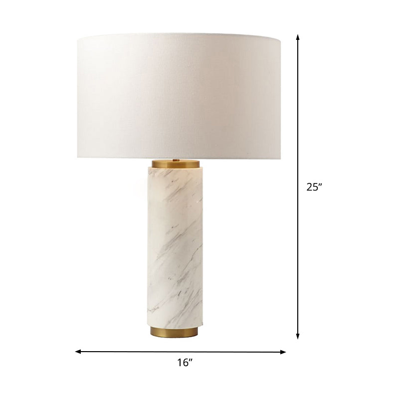 Cylindrical Task Lamp Modernism Fabric 1 Head White Table Light with Marble Base Clearhalo 'Lamps' 'Table Lamps' Lighting' 400075