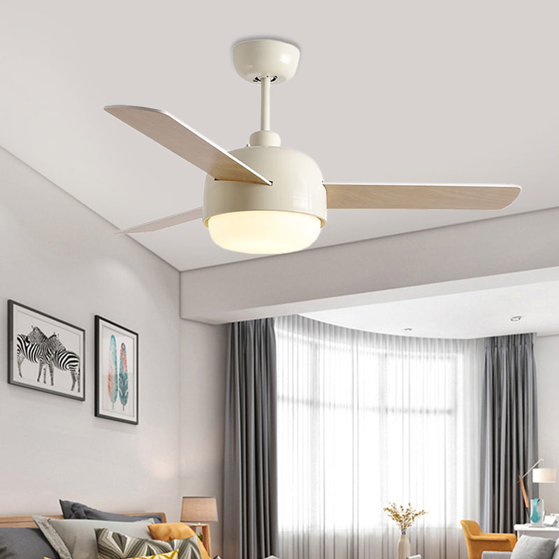 36" Wide LED Dome Semi Flush Lighting Modernist White/Black Finish Metal Ceiling Fan Lamp with 3 Wooden Blades White Clearhalo 'Ceiling Fans with Lights' 'Ceiling Fans' 'Modern Ceiling Fans' 'Modern' Lighting' 400081