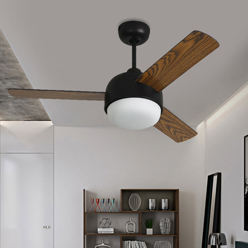 36" Wide LED Dome Semi Flush Lighting Modernist White/Black Finish Metal Ceiling Fan Lamp with 3 Wooden Blades Black Clearhalo 'Ceiling Fans with Lights' 'Ceiling Fans' 'Modern Ceiling Fans' 'Modern' Lighting' 400086