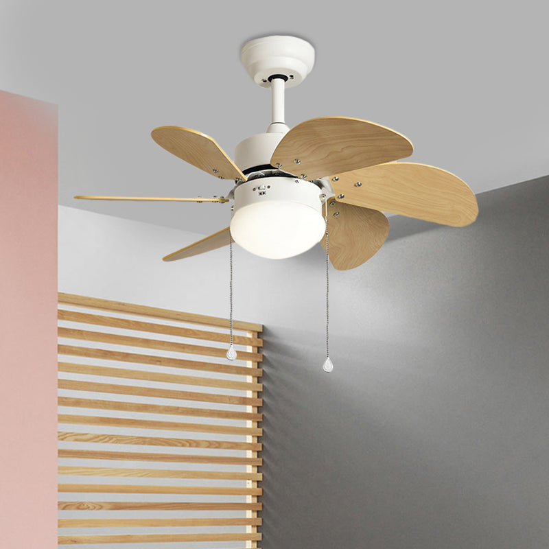 Modern 6 Blades Semi Flush Lighting Wood 30" Wide LED Ceiling Fan Lamp in Beige, Wall Control/Pull Chain Wood Clearhalo 'Ceiling Fans with Lights' 'Ceiling Fans' 'Modern Ceiling Fans' 'Modern' Lighting' 400100