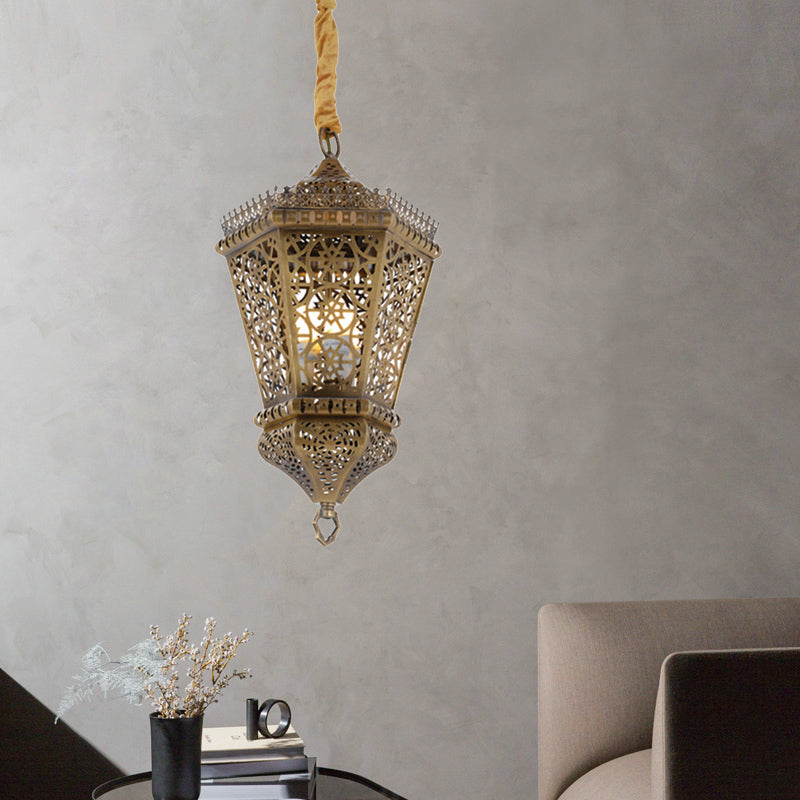 Brass 1 Light Hanging Lighting Arab Style Metal Hollowed Out Pendant Lamp for Corridor Clearhalo 'Ceiling Lights' 'Pendant Lights' 'Pendants' Lighting' 400286