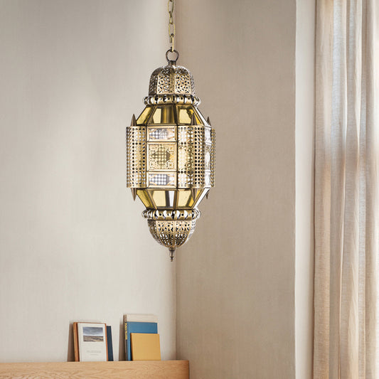 Lantern Metal Hanging Chandelier Arab 3 Bulbs Hallway Ceiling Pendant Lamp in Brass Clearhalo 'Ceiling Lights' 'Chandeliers' Lighting' options 400302