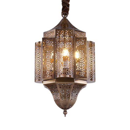 Brass Lantern Suspension Lamp Arab Metal 3-Bulb Restaurant Chandelier Pendant Light Clearhalo 'Ceiling Lights' 'Chandeliers' Lighting' options 400334