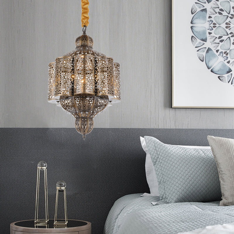 3 Lights Metal Hanging Chandelier Vintage Brass Castle Shape Living Room Suspension Lamp with Hollowed Out Design Brass Clearhalo 'Ceiling Lights' 'Chandeliers' Lighting' options 400354_640f9ef0-cb35-4687-8f0b-c9022c3db344