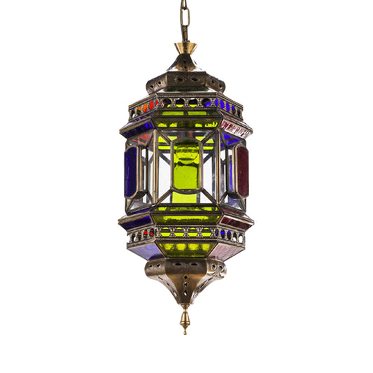 3-Bulb Hanging Lighting Art Deco Castle Shape Colorful Glass Chandelier Pendant Lamp in Brass Clearhalo 'Ceiling Lights' 'Chandeliers' Lighting' options 400380