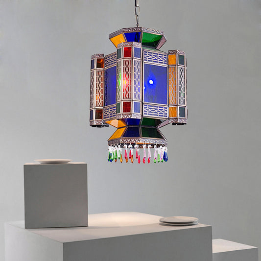 Castle Blue Glass Hanging Chandelier Arab 3 Lights Restaurant Ceiling Pendant Lamp Clearhalo 'Ceiling Lights' 'Chandeliers' Lighting' options 400462