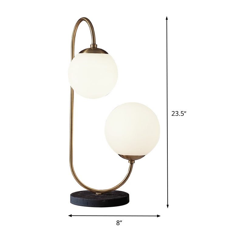 White Glass Ball Task Lamp Modern 2 Bulbs Table Light in Brass with Curvy Metal Arm Clearhalo 'Lamps' 'Table Lamps' Lighting' 400480