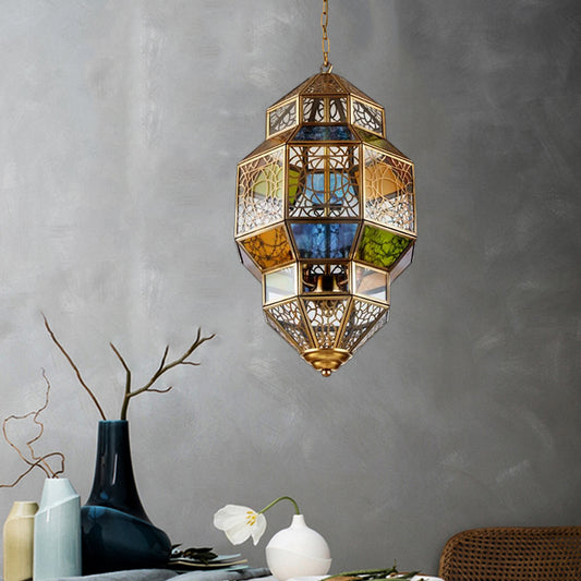 3-Head Gourd Chandelier Lighting Arab Brass Finish Metallic Hanging Ceiling Lamp with Colorful Glass Shade Clearhalo 'Ceiling Lights' 'Chandeliers' Lighting' options 400482