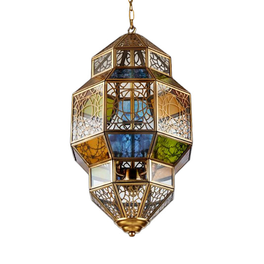 3-Head Gourd Chandelier Lighting Arab Brass Finish Metallic Hanging Ceiling Lamp with Colorful Glass Shade Clearhalo 'Ceiling Lights' 'Chandeliers' Lighting' options 400484