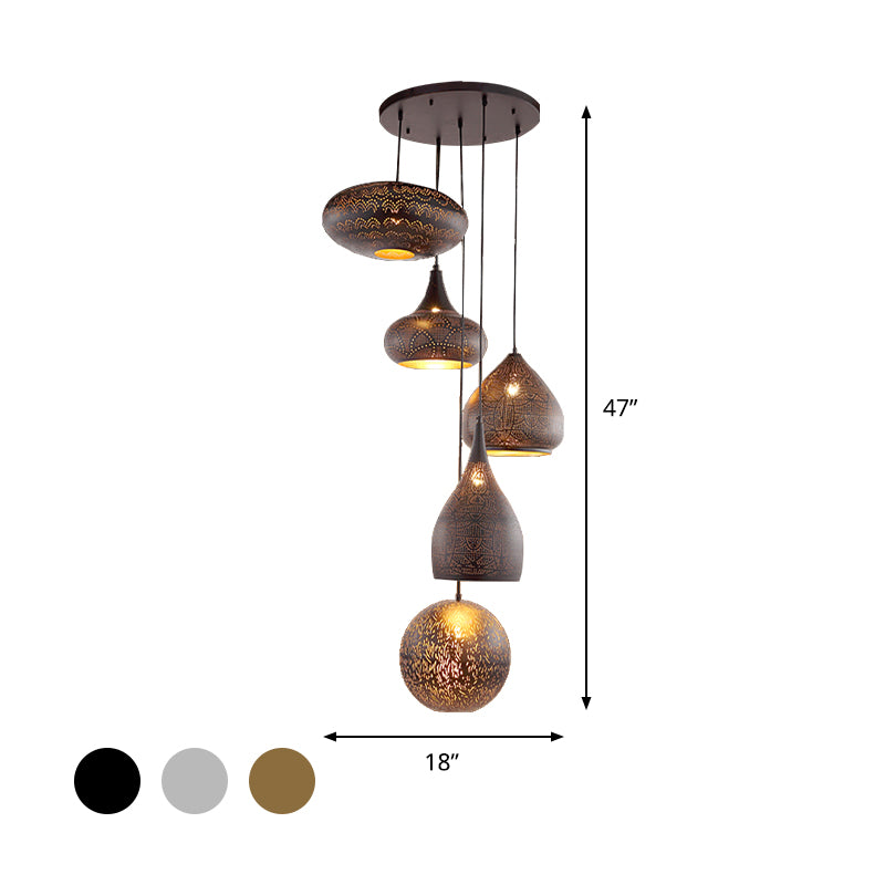 Antiqued Hollowed Out Hanging Light 5 Heads Iron Cluster Pendant Lamp in Black/Silver/Brass with Round Canopy Clearhalo 'Ceiling Lights' 'Pendant Lights' 'Pendants' Lighting' 400554