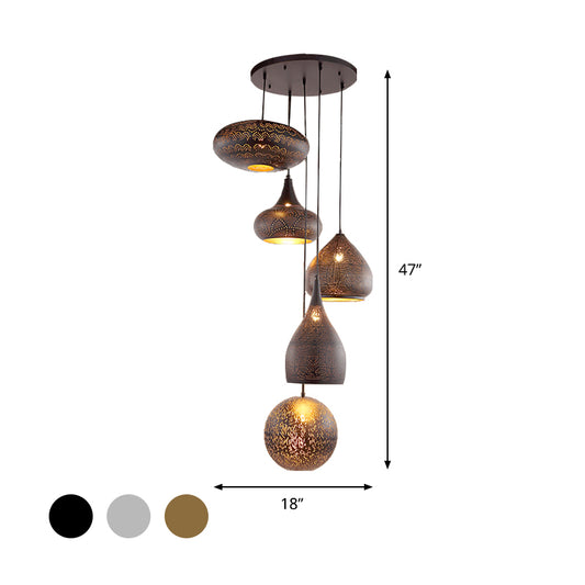 Antiqued Hollowed Out Hanging Light 5 Heads Iron Cluster Pendant Lamp in Black/Silver/Brass with Round Canopy Clearhalo 'Ceiling Lights' 'Pendant Lights' 'Pendants' Lighting' 400554